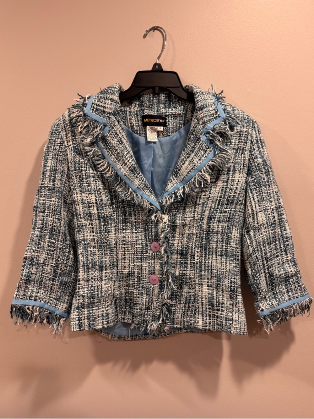 metrostyle Light Blue and White Tweed Fringed Cropped Blazer